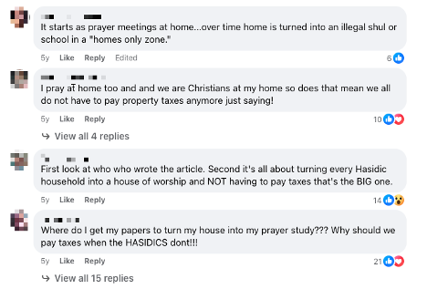 Figure 2. Discussion on a Facebook community page where residents claimed that Hasidic families were converting homes into synagogues and schools to evade taxes, drawing on antisemitic stereotypes.