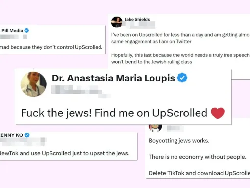 Image: Collage of posts on X encouraging users to join UpScrolled to spite the Jews.